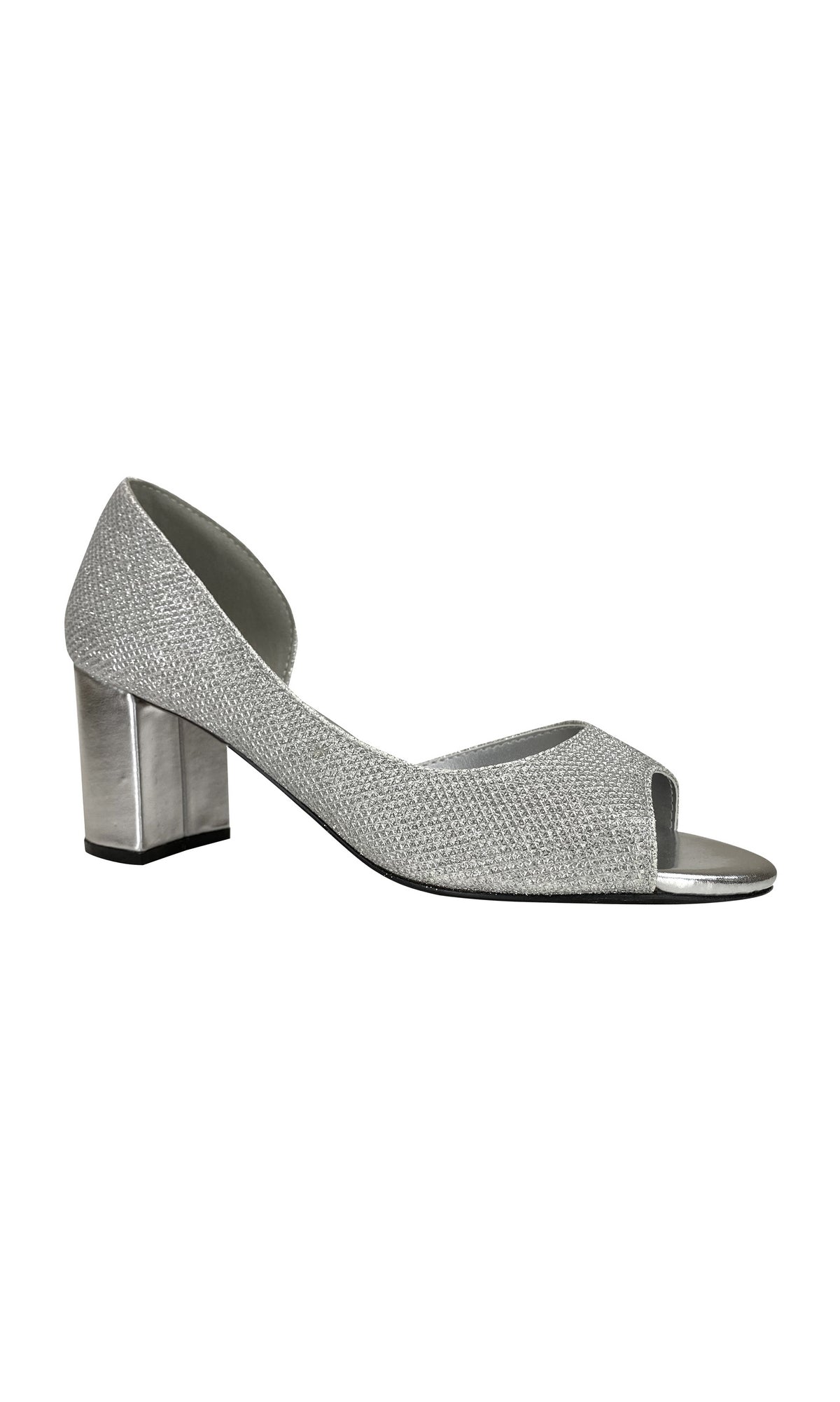 Joy Peep-Toe Silver Pump 4358 features a textured silver fabric upper and a metallic blocked heel, displayed side view on a white background.